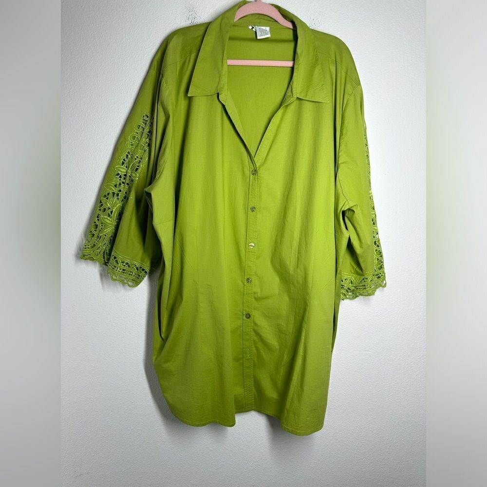 Chelsea Studio Green 3/4 Sleeve Button Front Blouse Embroidered Size 5X EUC